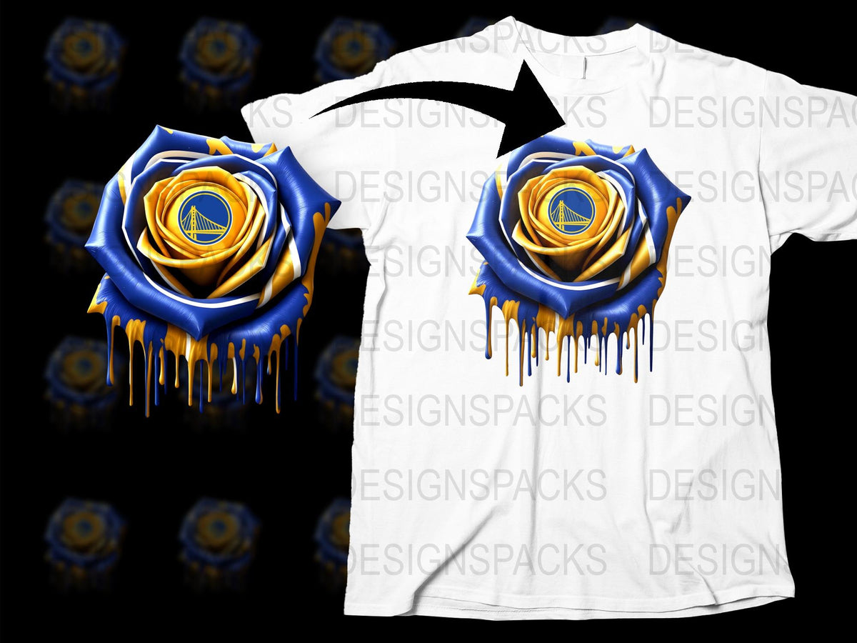Unique Blue and Gold Melting Rose Graphic T-Shirt, Artistic Floral Design Tee, Stylish Unisex Fashion Top, Trendy Flower Shirt