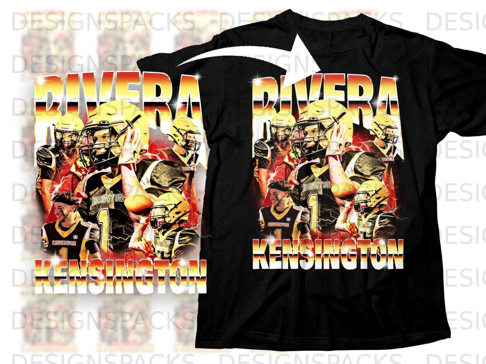 Black t-shirt with a distressed graphic of a football player and the text "KENSINGTON".