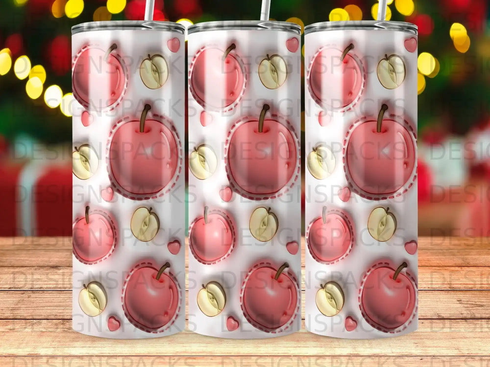 Pattern of red apples and leaves on a white and red striped background.