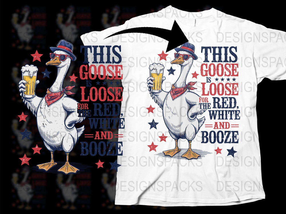 Patriotic Goose T-Shirt, Funny 4th of July Beer-Loving Bird, Red White and Booze, Summer Party Tee, Unisex Adult Clothing