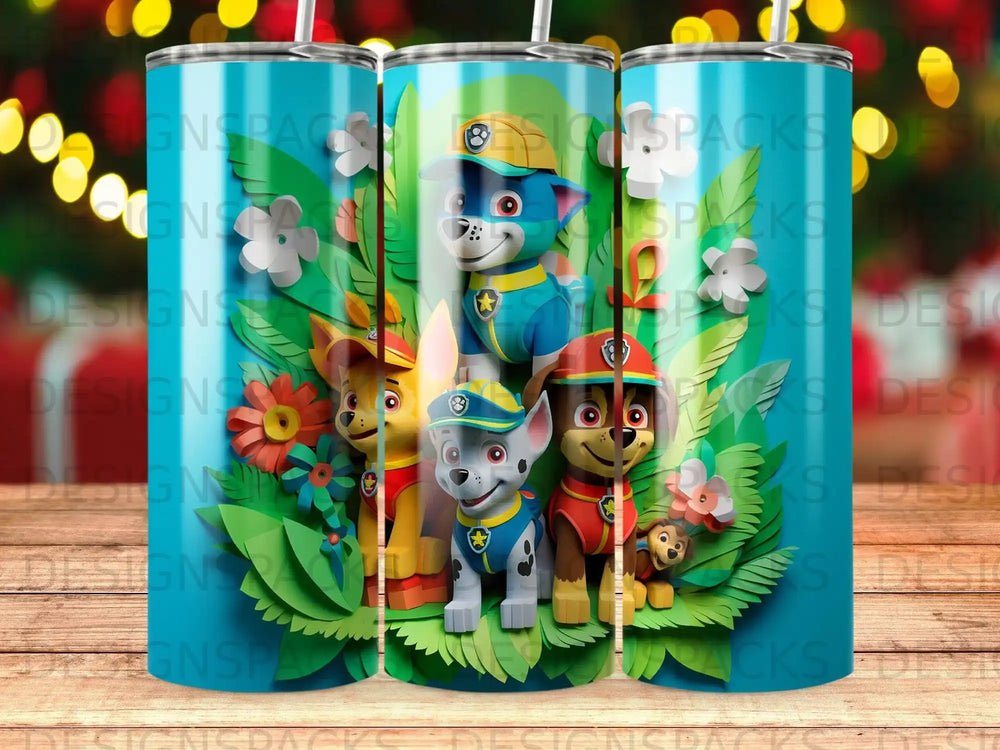 Paw Patrol characters in a jungle scene on a blue tumbler.