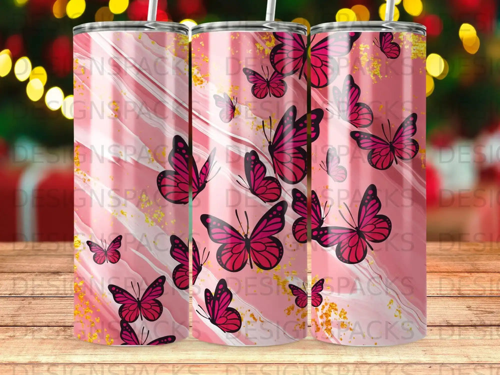 Pink glitter tumbler with scattered pink butterflies and wood grain background.