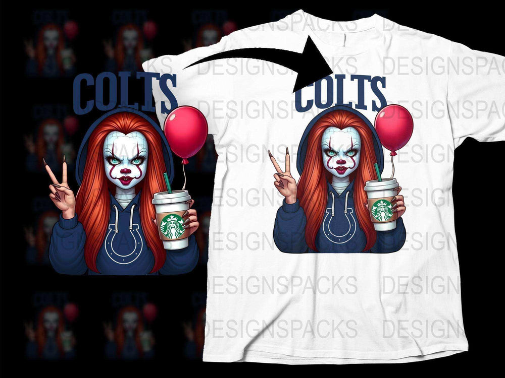 Horror Clown Graphic T-Shirt, Creepy Clown with Balloon and Coffee, Unique Colts Fan Apparel, Unisex White Tee