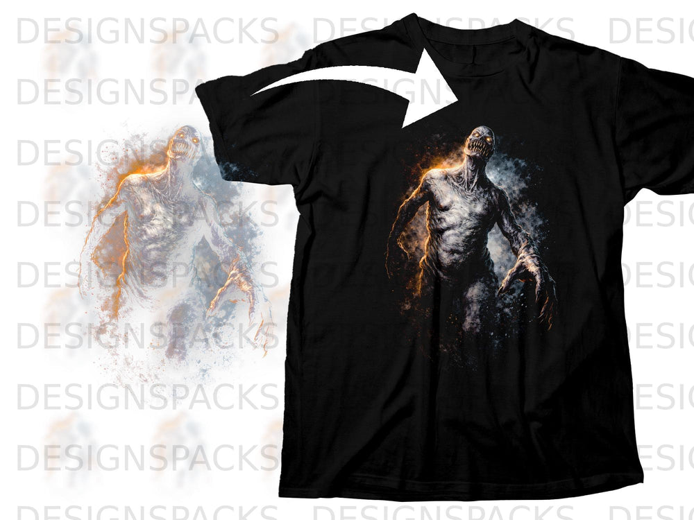 Black t-shirt with a graphic of a roaring, skeletal creature with glowing eyes.