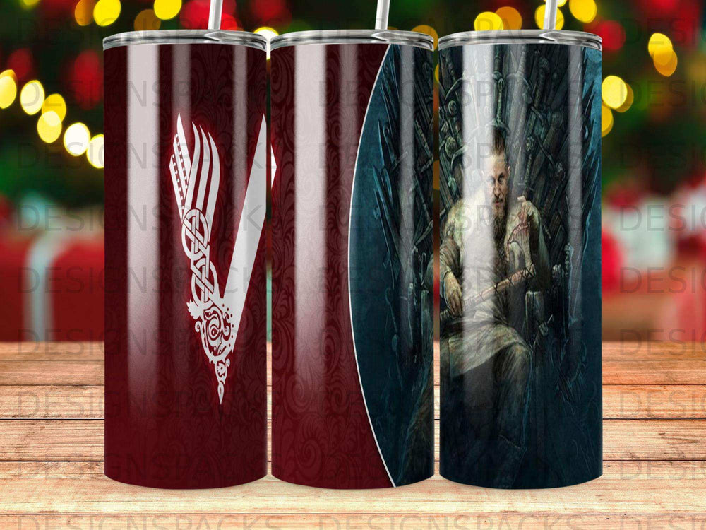 Viking helmet logo on burgundy patterned tumbler with a warrior on a throne.