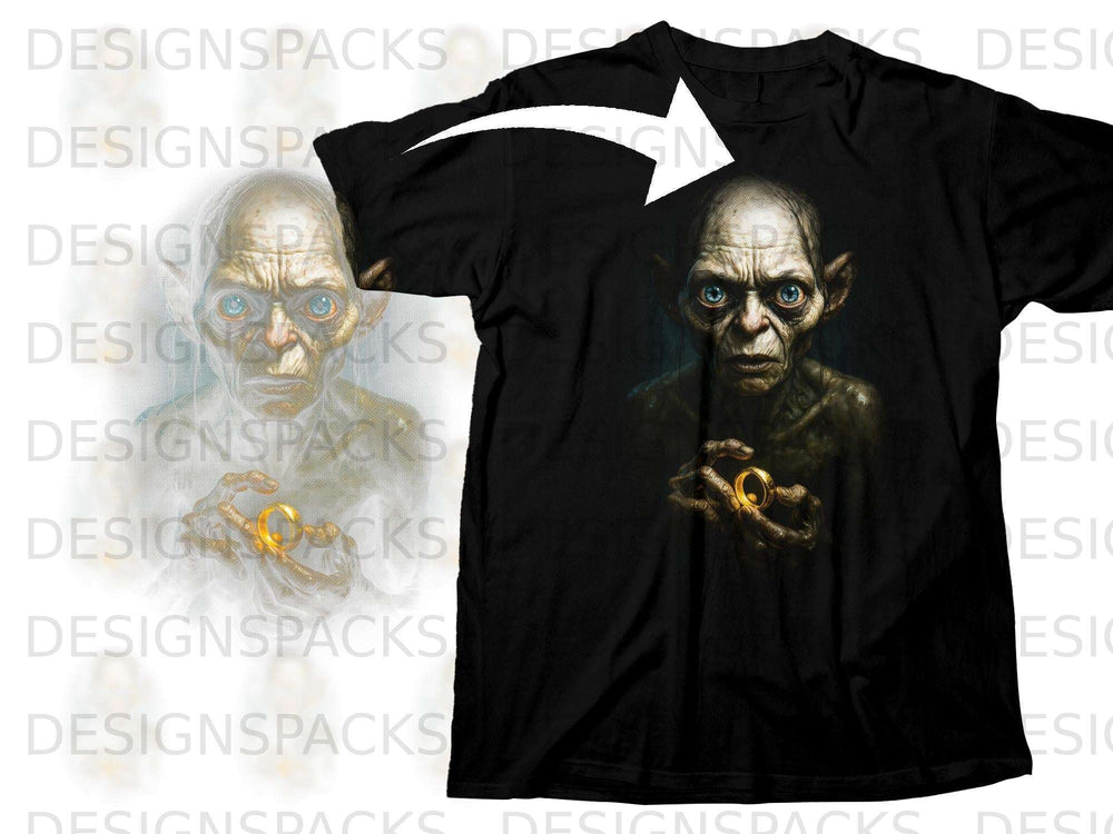 Black t-shirt with Gollum holding the One Ring graphic on the front.