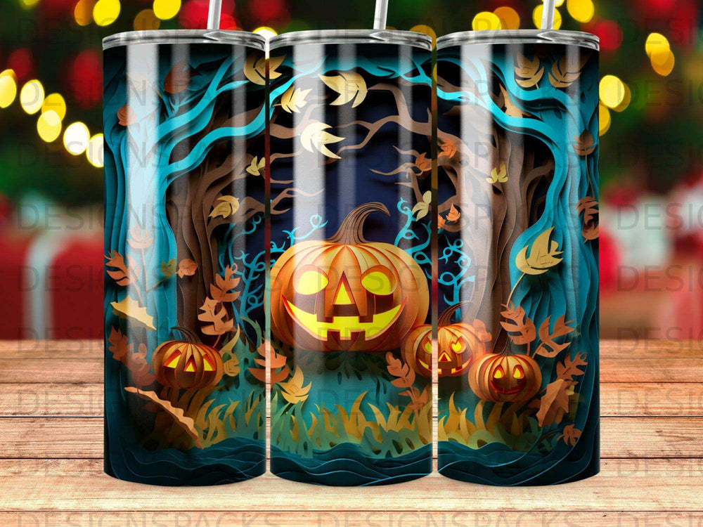 Halloween theme tumbler with jack-o'-lanterns, trees, and autumn leaves.