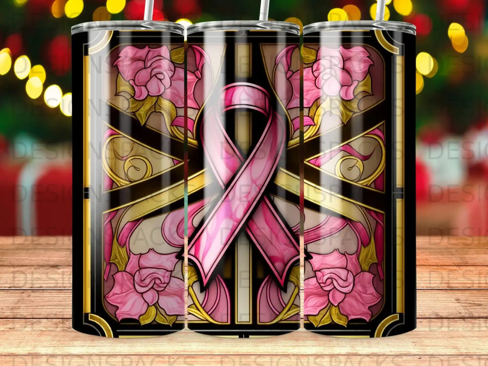 Pink ribbon design on a tumbler with floral accents and a stained-glass pattern.