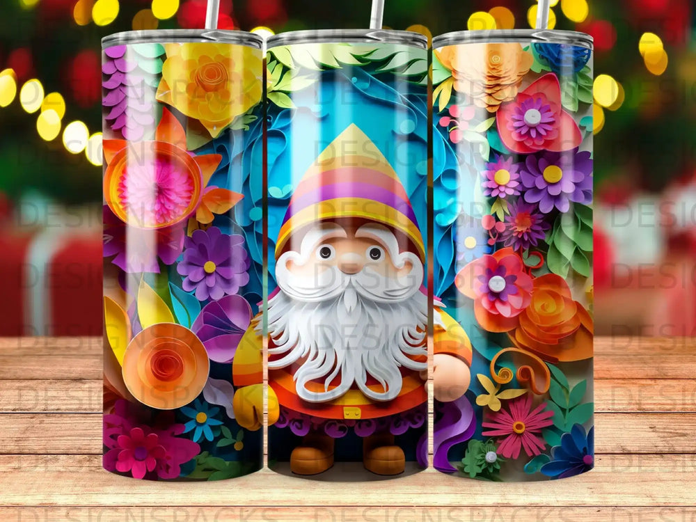 Gnome wearing orange overalls and a red hat, surrounded by colorful flowers and leaves.