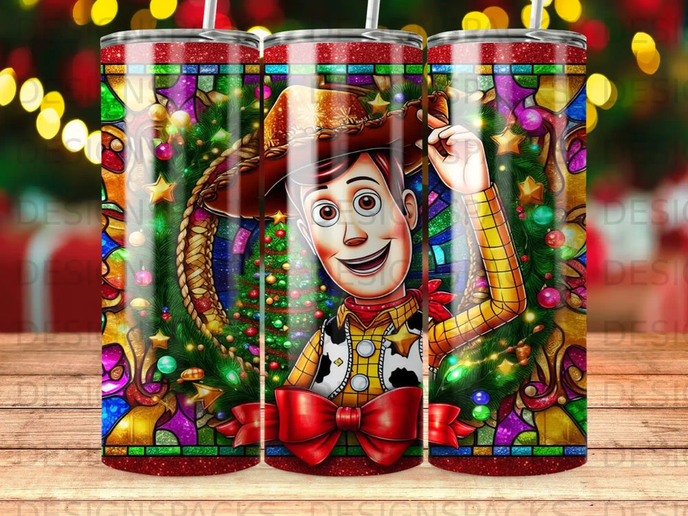 Toy Story's Woody character on a festive, stained-glass style tumbler.