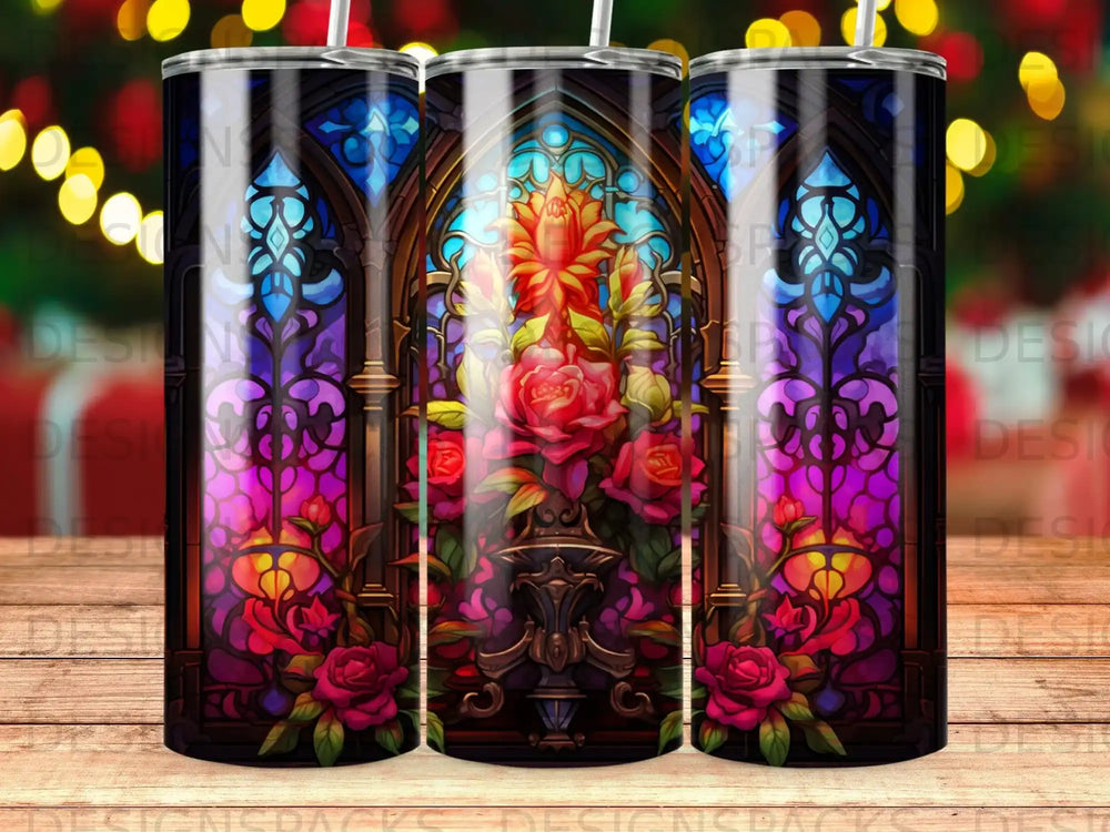 Stained glass tumbler with vibrant roses and ornate framing.