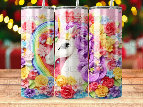 Unicorn with rainbow and flowers on a pink tumbler.