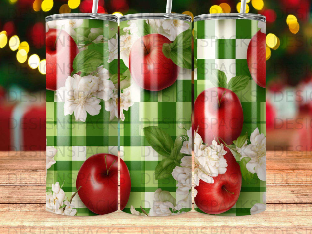 Green gingham pattern with apples and white flowers on tumblers.