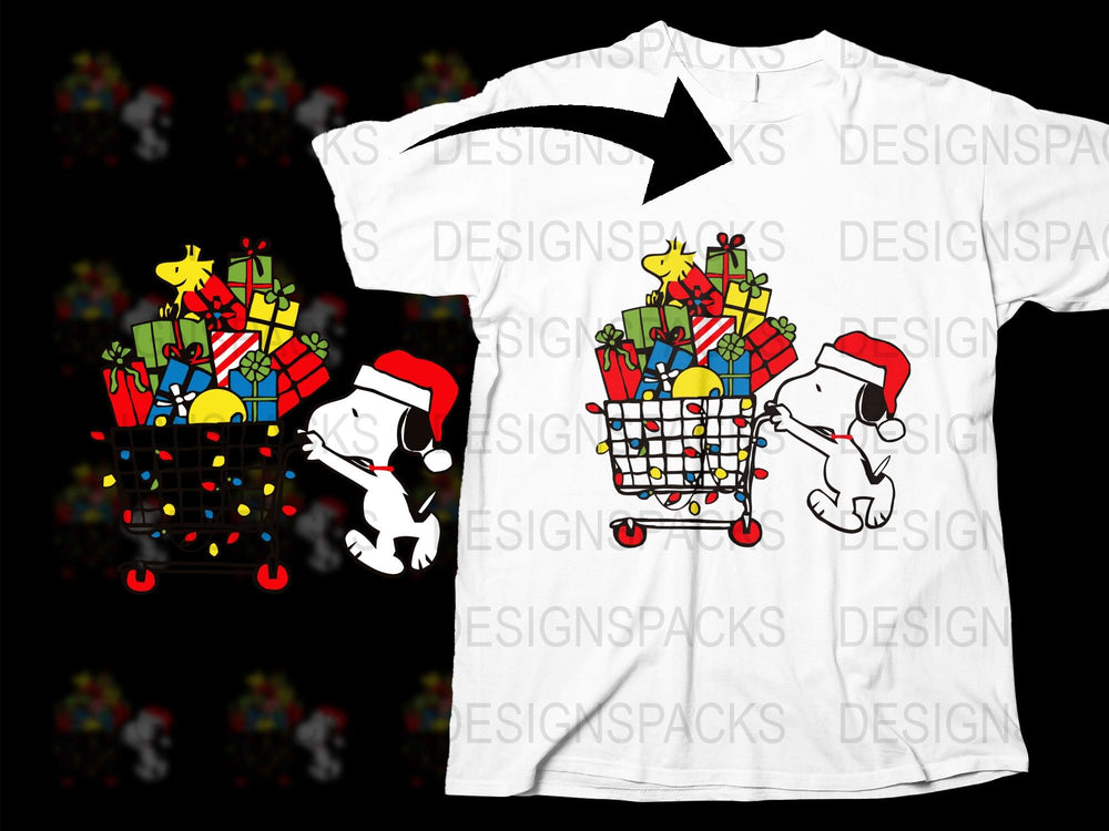 Peanuts Snoopy Christmas Shopping T-Shirt, Cute Cartoon Holiday Tee, Unisex Adult Kids White Shirt