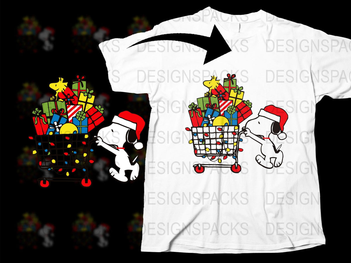 Peanuts Snoopy Christmas Shopping T-Shirt, Cute Cartoon Holiday Tee, Unisex Adult Kids White Shirt