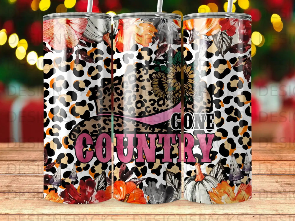Tumbler with leopard print, floral, pumpkin, and "Gone Country" text.