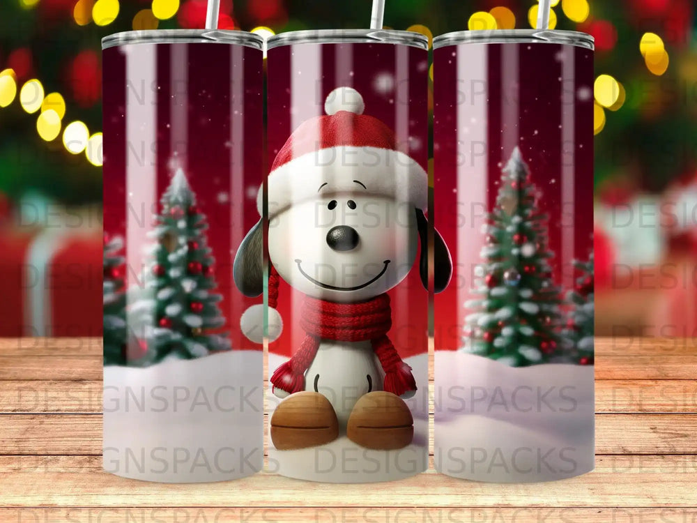 Snoopy in a Santa hat and scarf, with snow and decorated trees.