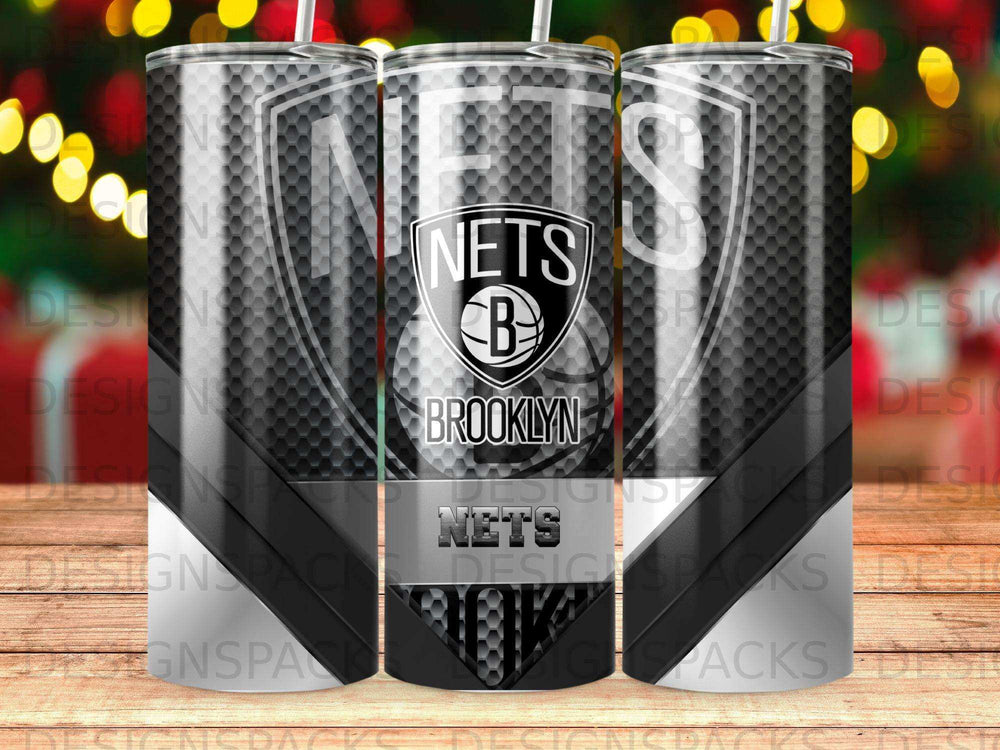 Brooklyn Nets logo on a patterned tumbler with straws.