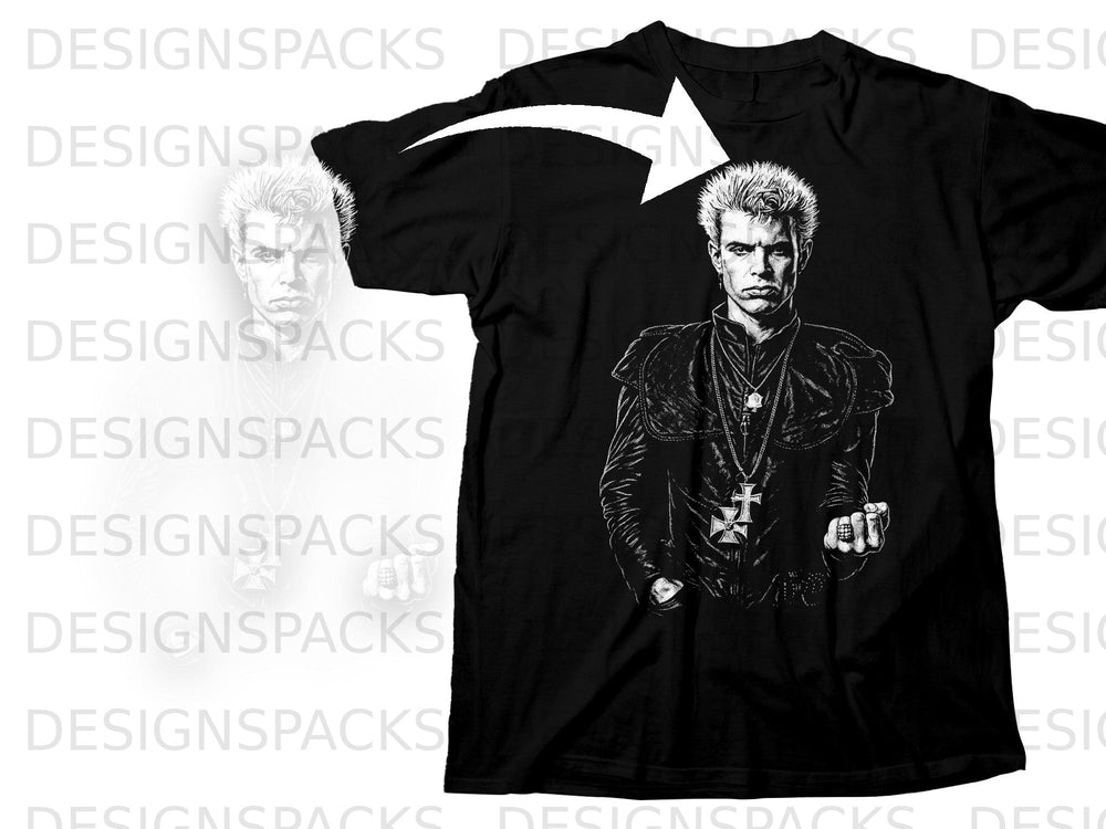 Black t-shirt featuring a white graphic of Billy Idol in a leather jacket and jewelry.