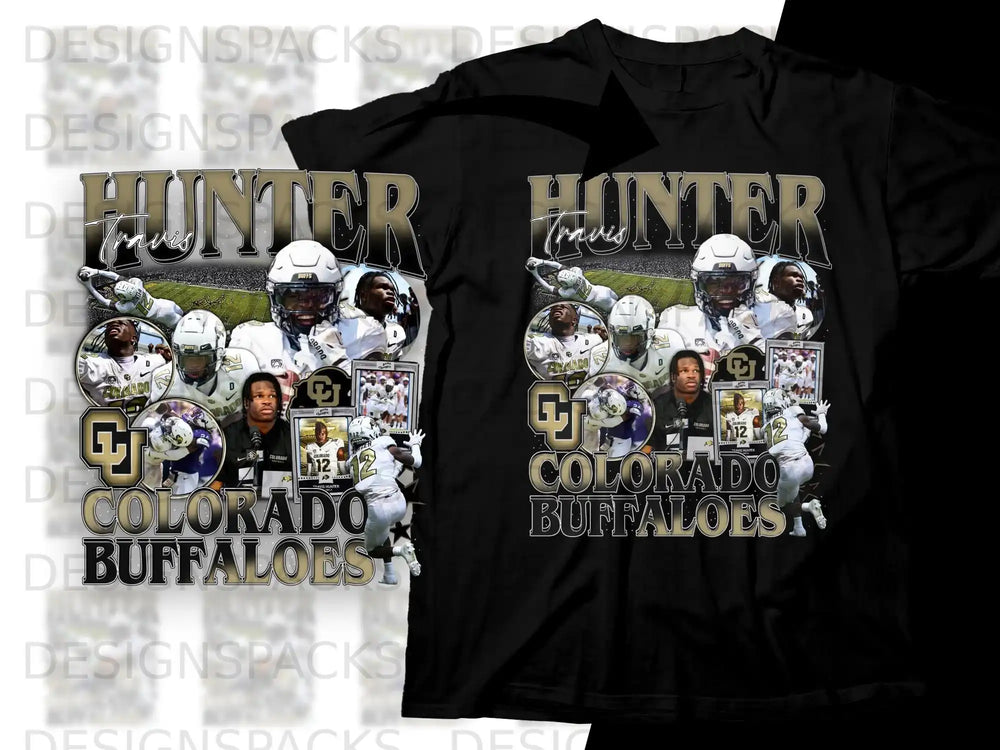 Colorado Buffaloes Travis Hunter collage graphic t-shirt design.