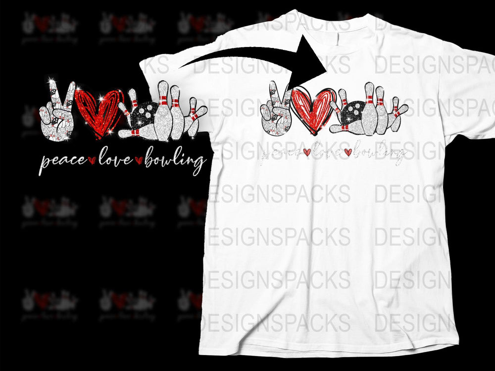 Peace Love Bowling Graphic T-Shirt, Casual Bowling Pins Heart Design Tee, Unisex Bowling Shirt Gift Ideas, Sports Apparel