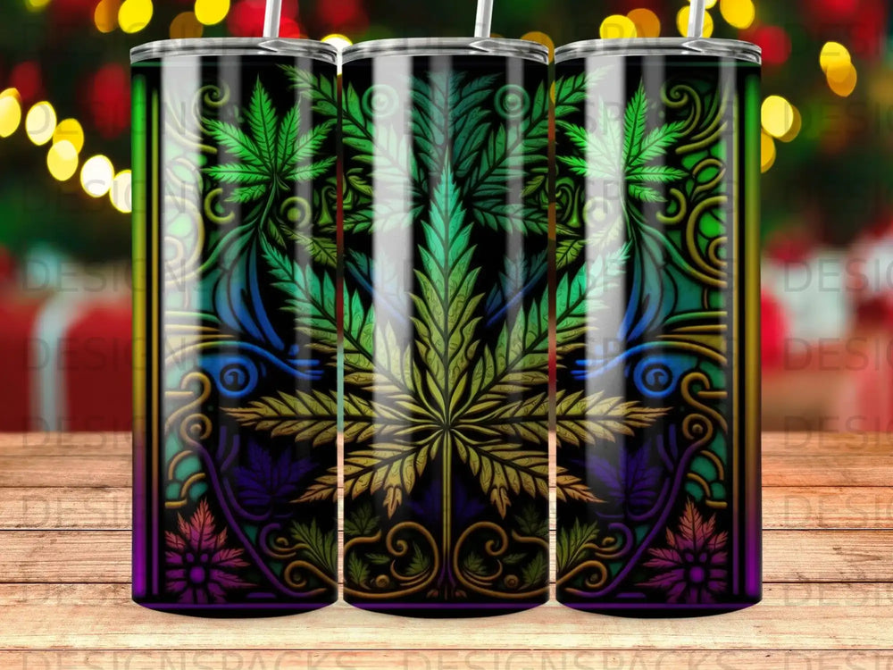 Cannabis leaf pattern on three tumblers with bokeh lights background.