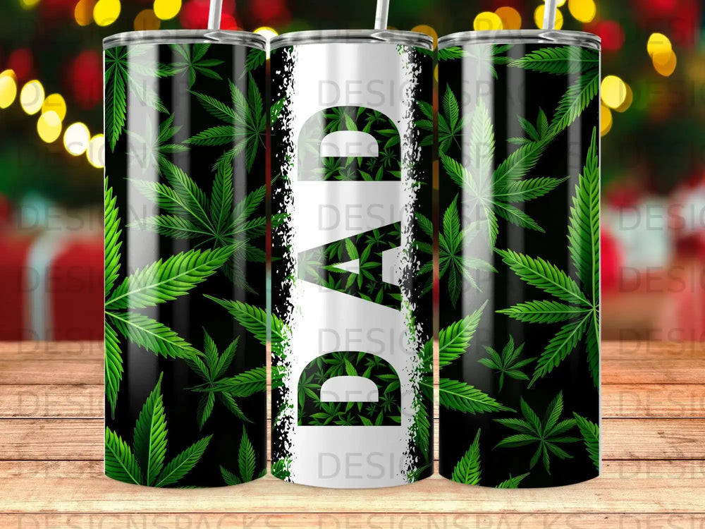 Three tumblers with green cannabis leaves and "DAD" text on a dark background.