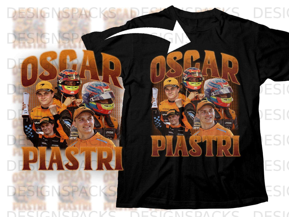 Oscar Piastri McLaren driver collage on black t-shirt.