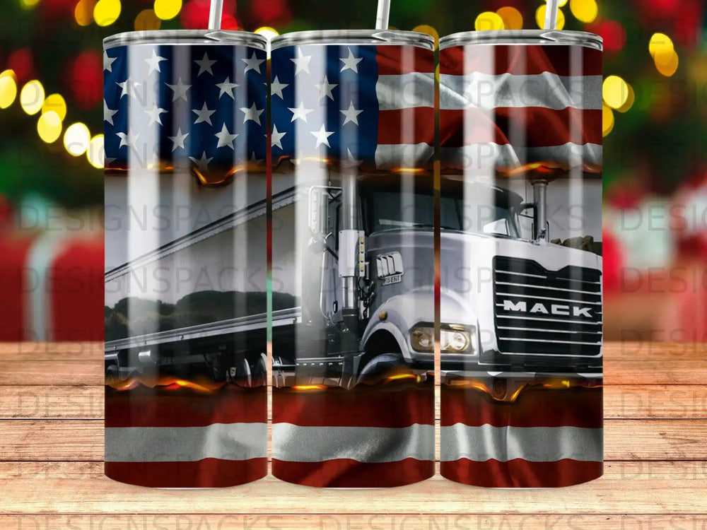 American flag pattern with a Mack truck and dripping effect.