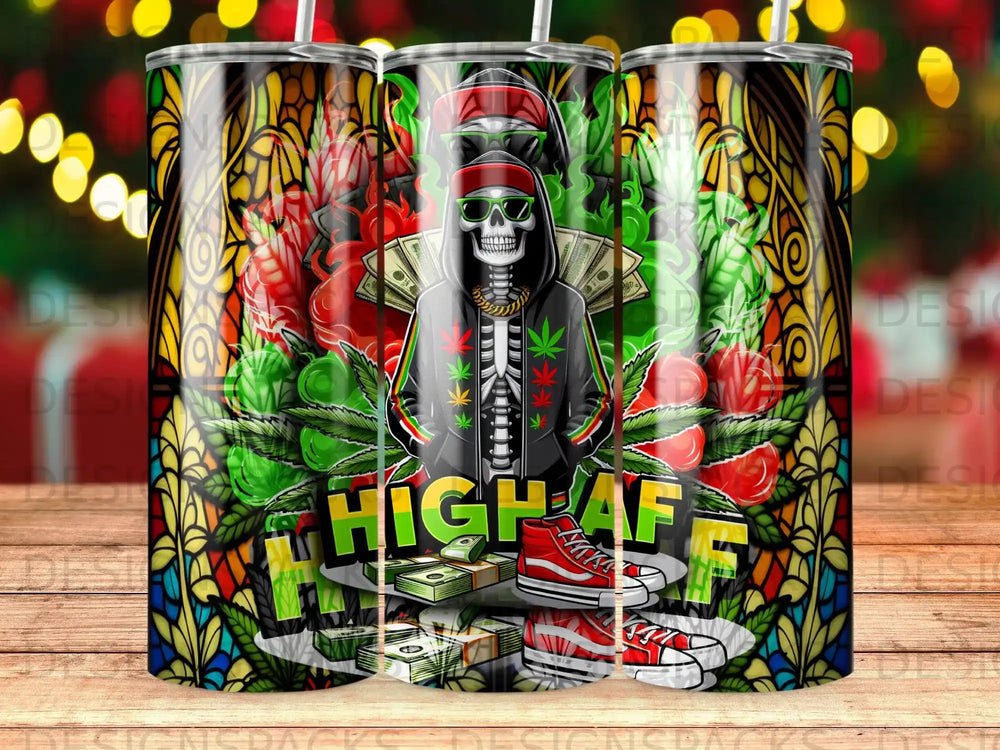 Skeleton in hoodie and sunglasses with weed and money, "HIGH AF" text.