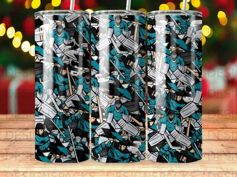 Hockey player pattern on a tumbler with bokeh lights background.