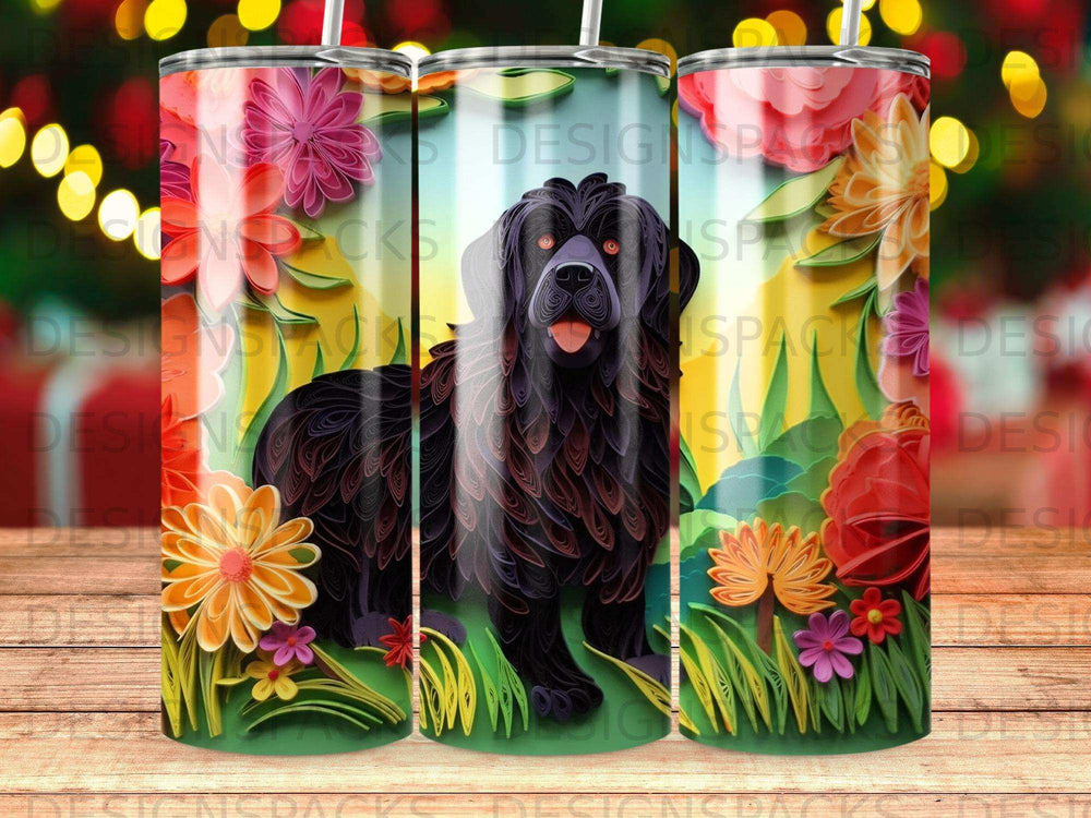 Black dog with colorful floral designs on a tumbler.