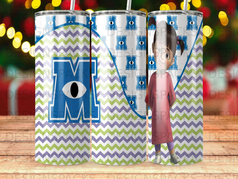 Blue and purple chevron pattern with large "M" logo featuring Boo from Monsters Inc.