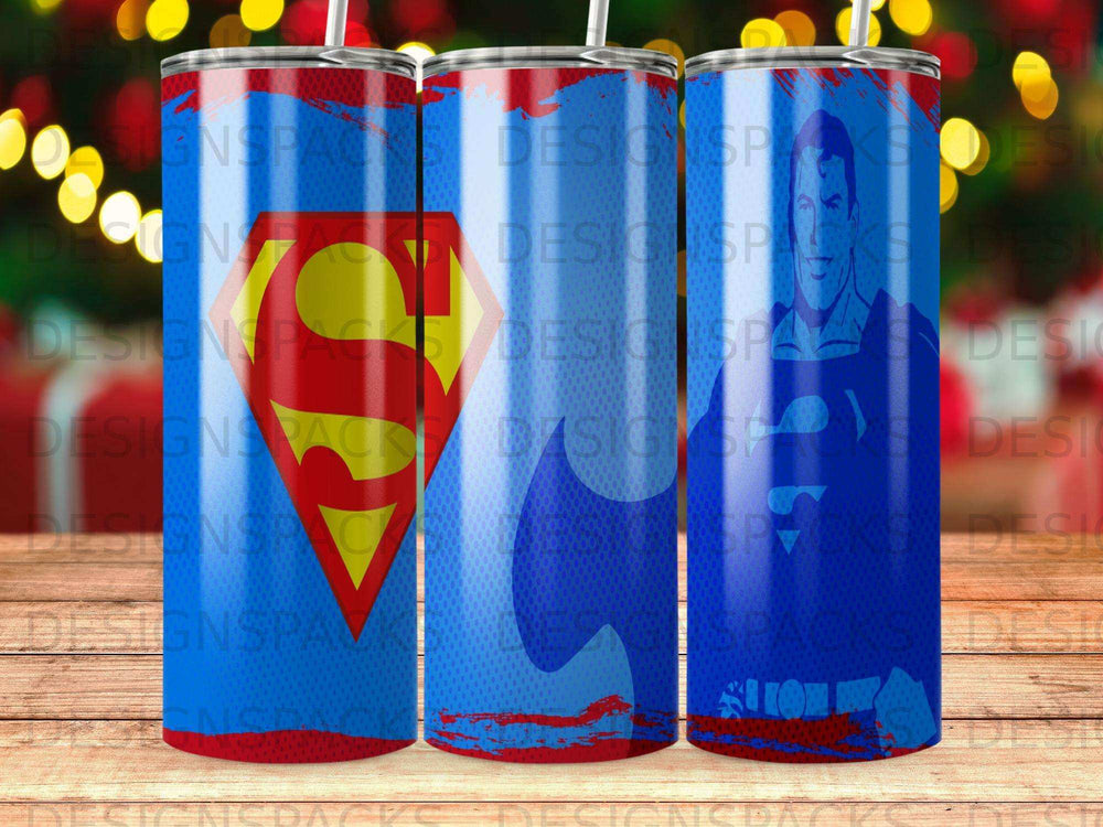Superman tumbler with red, blue, and yellow designs.
