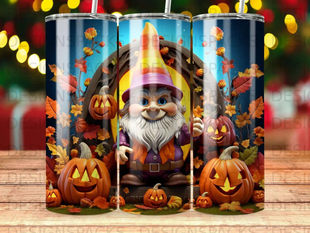Gnome with pumpkins and autumn leaves on a Halloween themed tumbler.