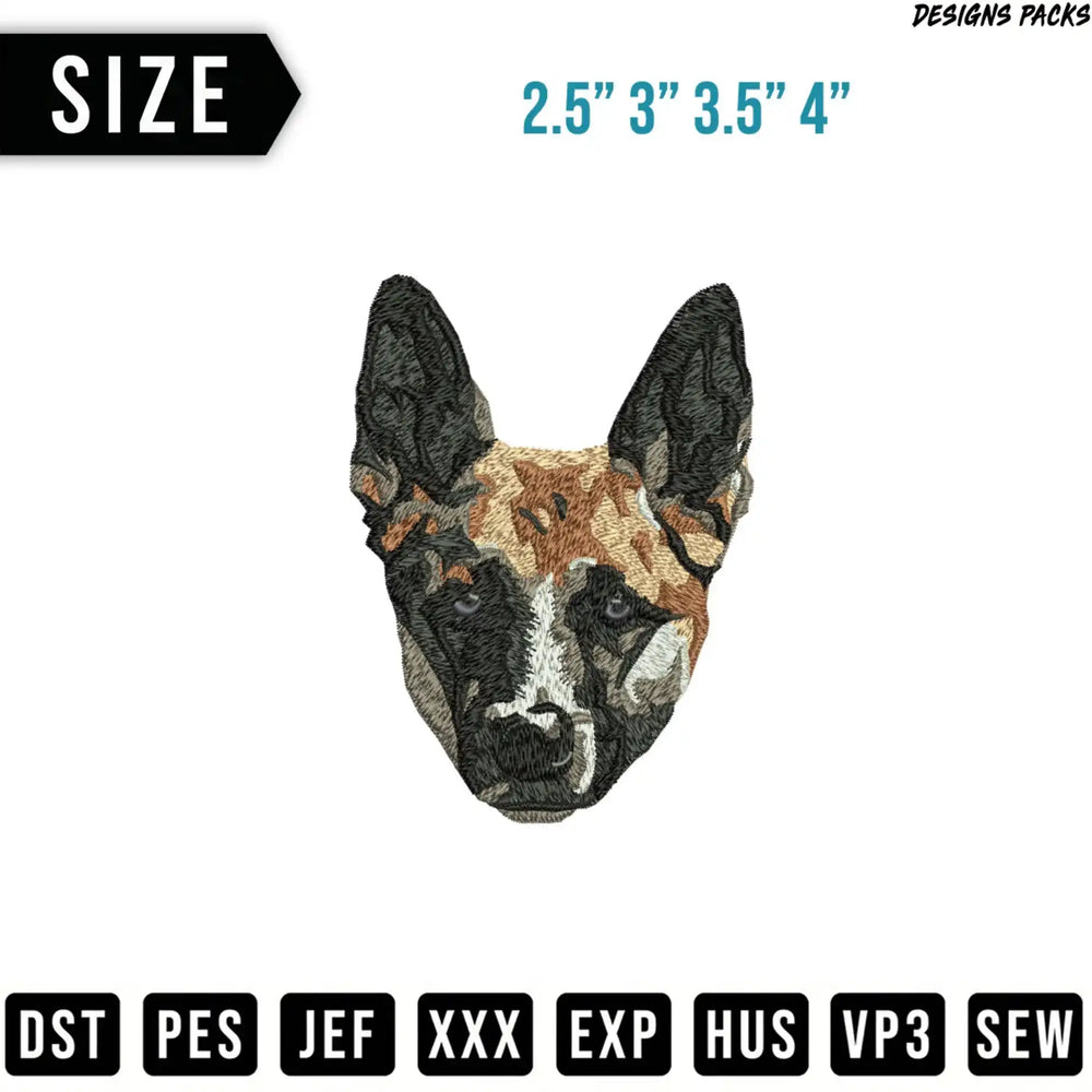 Embroidery design of a German Shepherd dog head with size options.