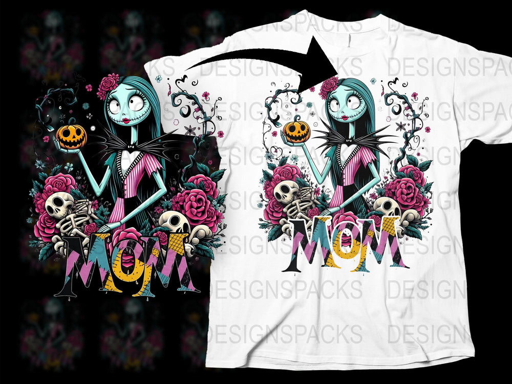 Gothic Mom T-Shirt, Halloween Skeleton and Floral Design, Spooky Graphic Tee, Unique Gift for Mothers