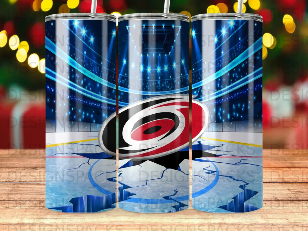 Carolina Hurricanes logo on a cracked ice rink backdrop.