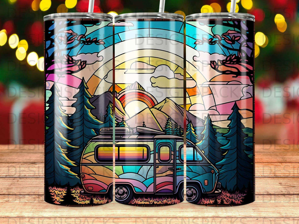 Rainbow van and mountains scene on a tumbler with bokeh lights background.
