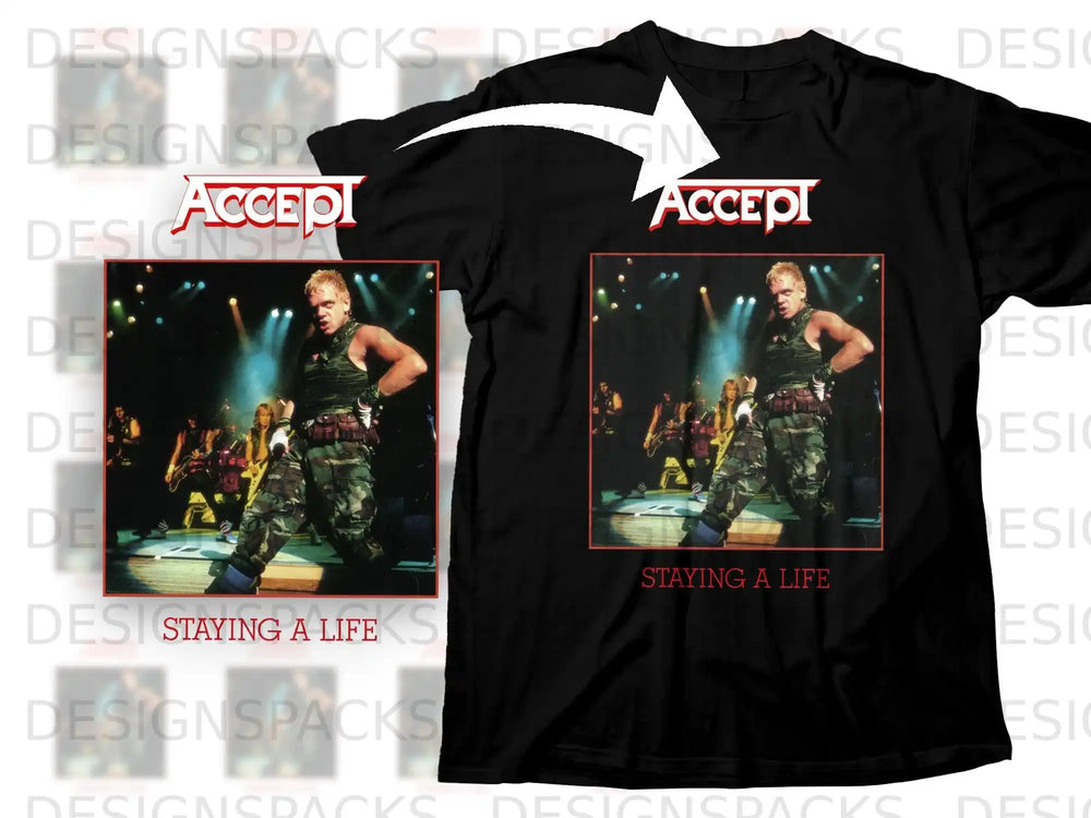 Black t-shirt with Accept logo and concert image, text "STAYING A LIFE".