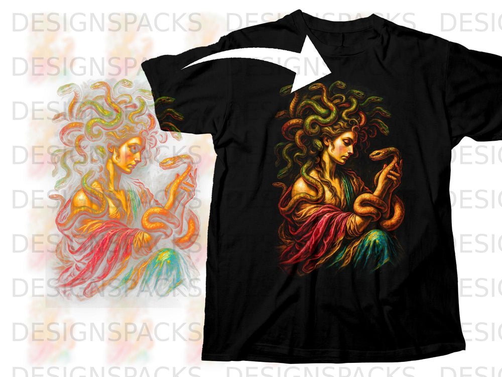 Black t-shirt with graphic of Medusa with snakes for hair, holding a snake.