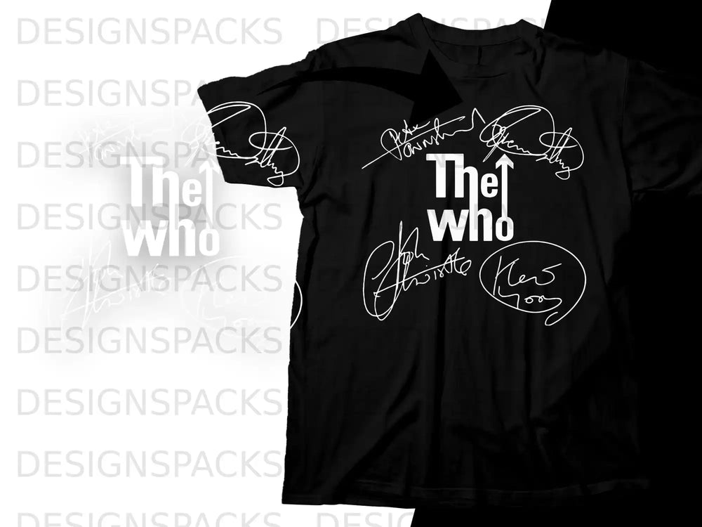 Black t-shirt with "The Who" logo and band member signatures.
