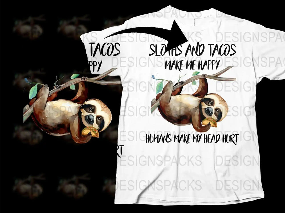Sloths and Tacos Make Me Happy T-Shirt, Funny Sloth Graphic Tee, Unisex White Shirt for Taco Lovers