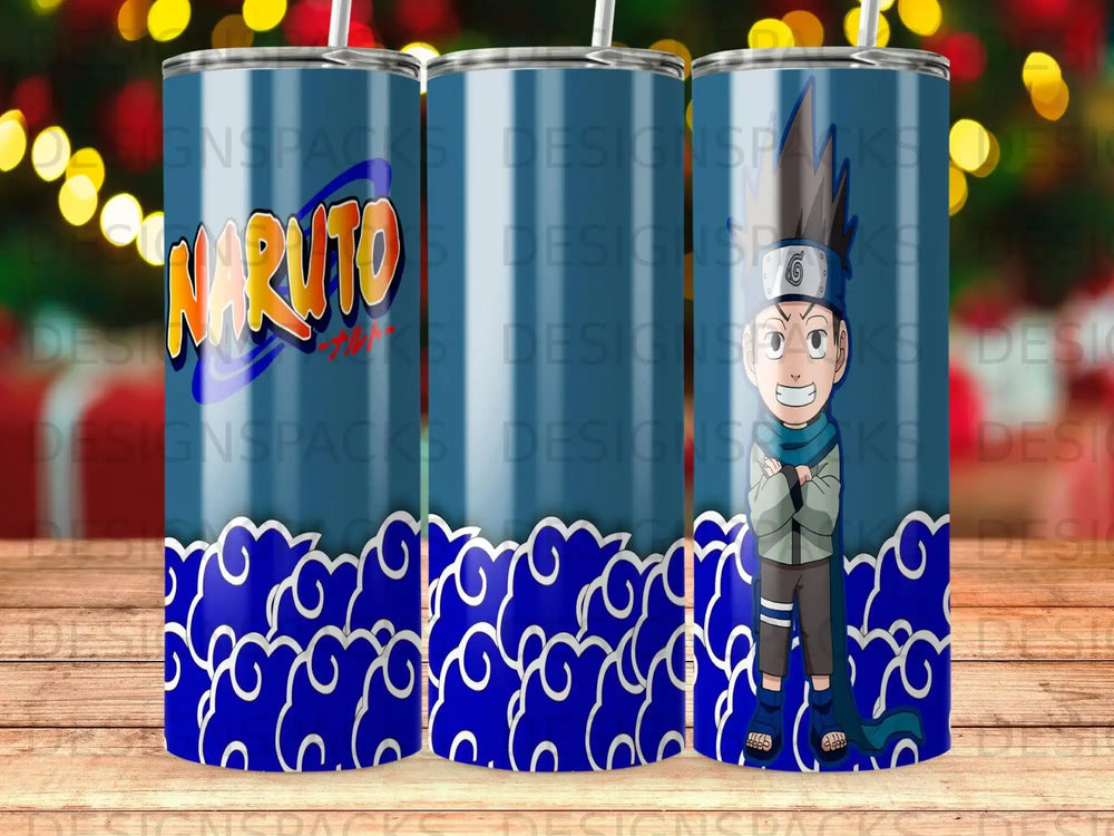 Naruto character in blue outfit on a tumbler with repeating "Naruto" logo.