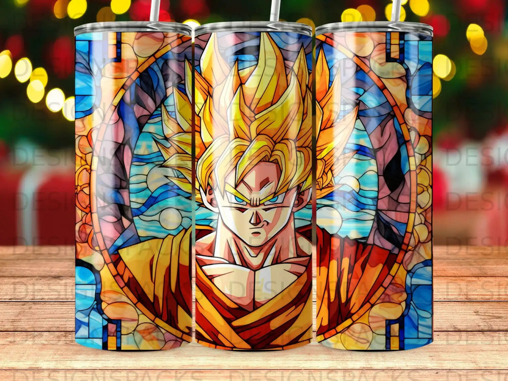 Dragon Ball Z's Goku as a stained glass design on a tumbler.