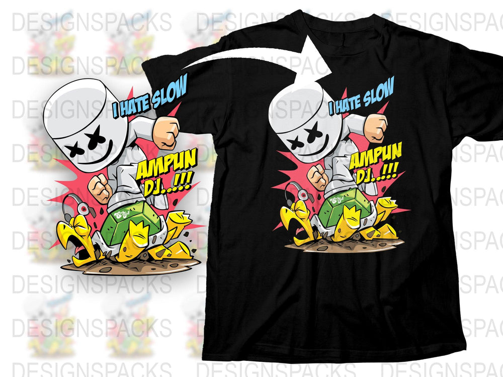 Funny Cartoon Turtle DJ Graphic T-Shirt, I Hate Slow Music Tee, Unisex Black Cotton Shirt