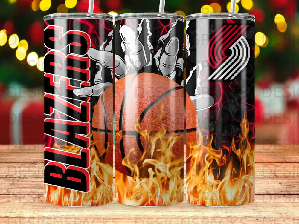 Portland Trail Blazers logo and basketball with flames on a tumbler.