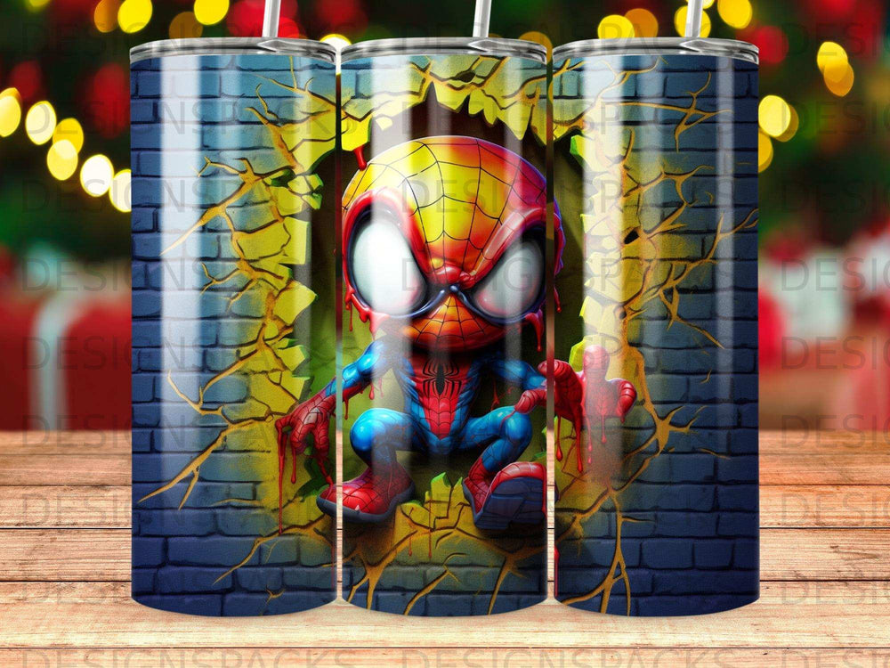 Spider-Man peeks through a brick wall with glowing yellow cracks.