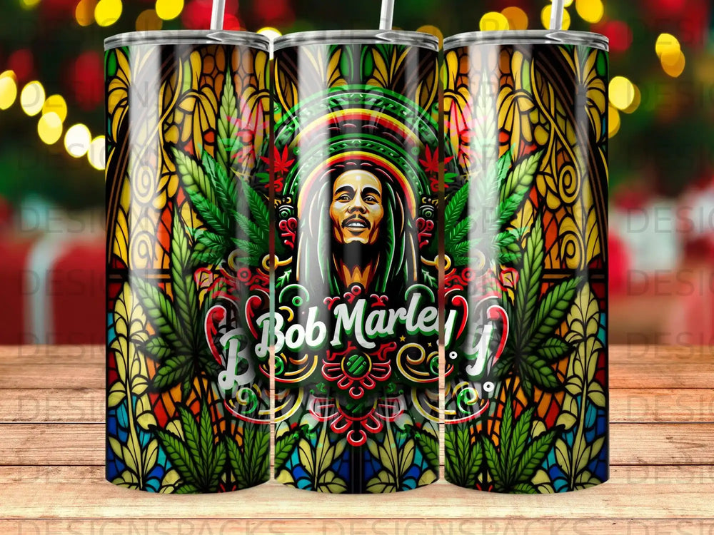 Bob Marley portrait with stained glass and cannabis leaf pattern.