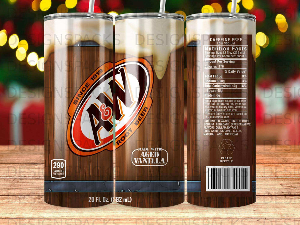A&W Root Beer bottle with nutrition facts and "Made with Aged Vanilla" label.